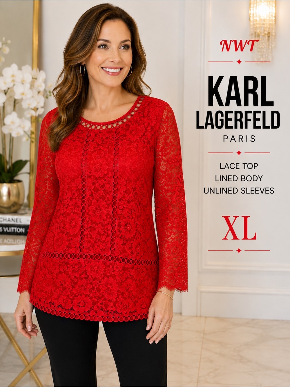 NWT Karl Lagerfeld Paris Red Lace Top XL Elegant Sheer Sleeve Blouse